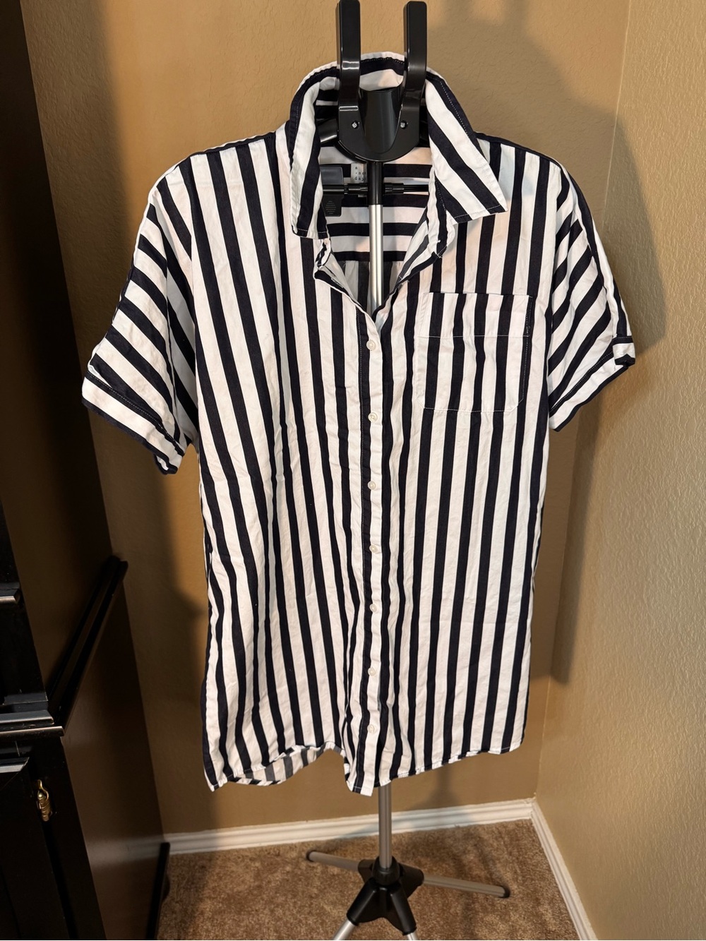a new day Black and White Vertical Stripe Short-Sleeve Button-Down Shirt Dress